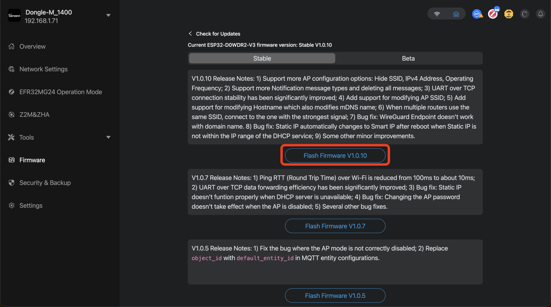 After Check for Updates: the Stable tab lists each version with its release notes and a Flash Firmware button. Take the newest stable; leave Beta alone.