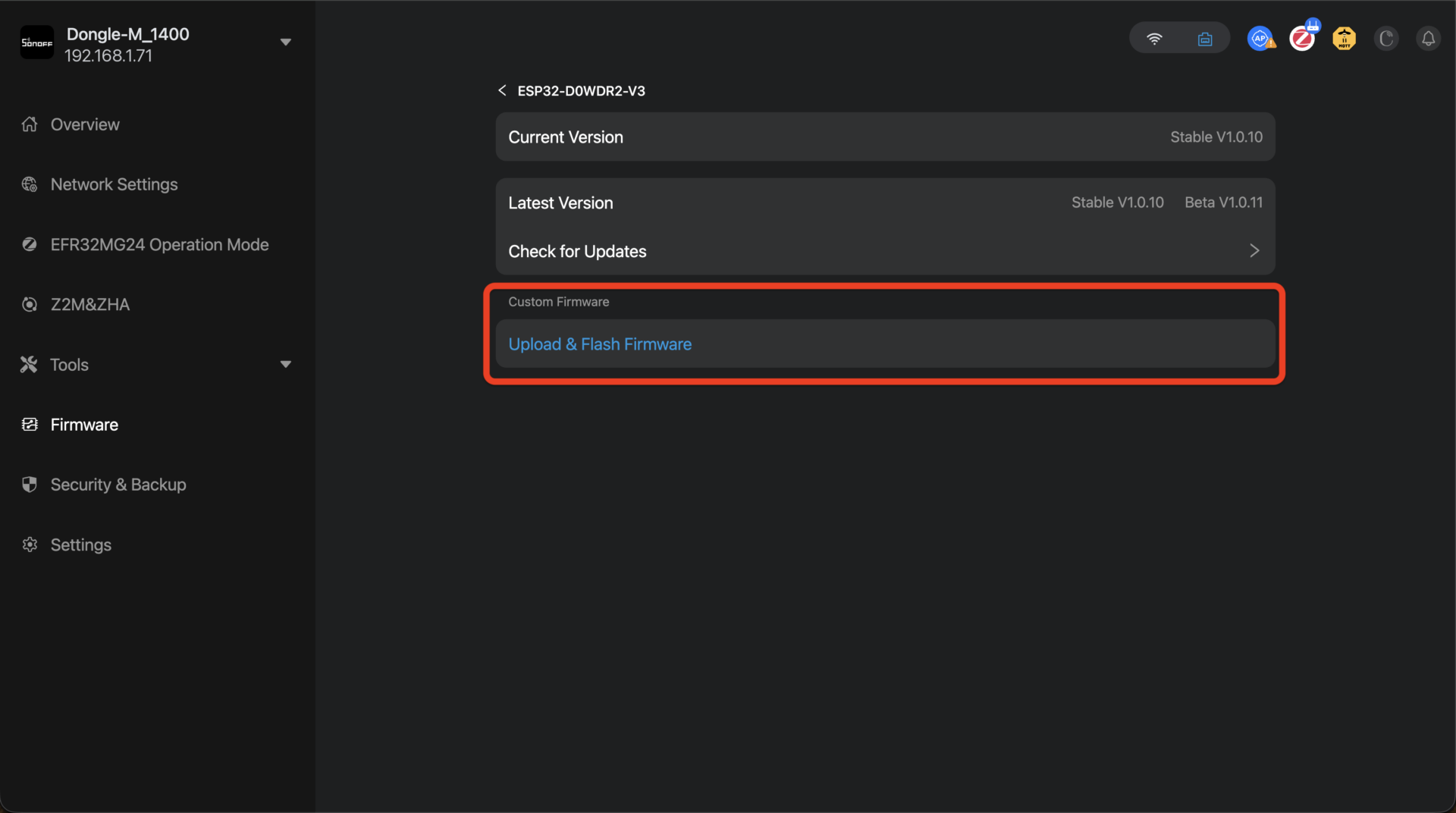 Inside a chip's entry: Current Version, Latest Version (Stable and Beta), Check for Updates, and the Custom Firmware upload used only for a file SI sends you.