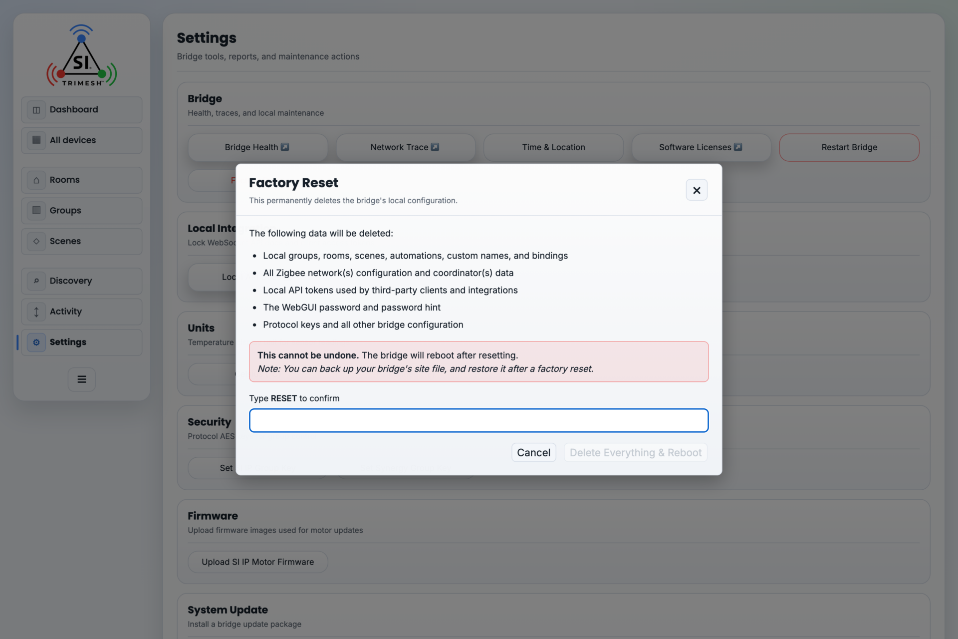 The Factory Reset confirmation, which lists exactly what it destroys and will not proceed until RESET is typed.