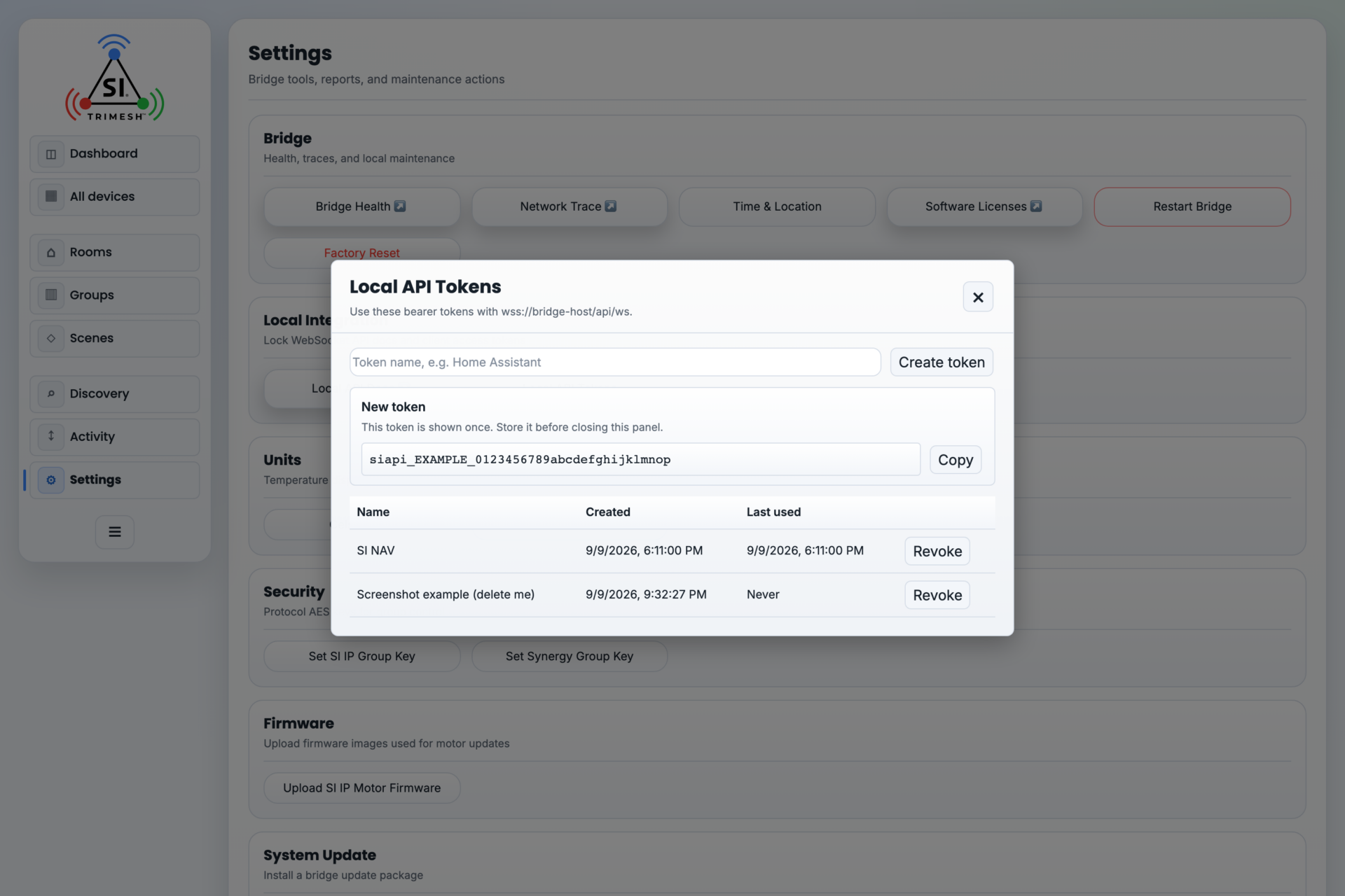 The New token panel. The secret is shown once and once only — copy it before closing. (The value here is masked; the token itself was revoked immediately after the capture.)