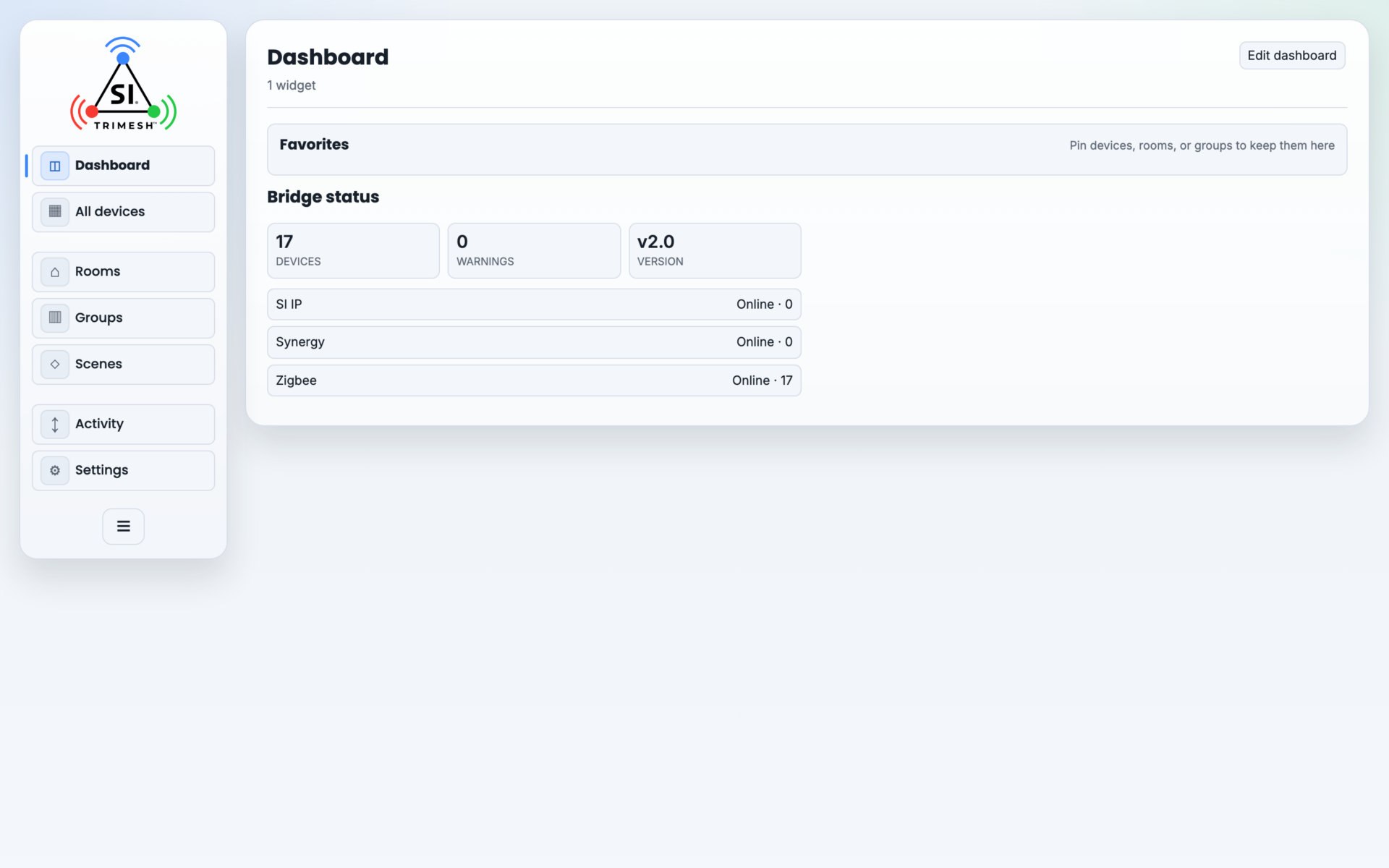 The Dashboard, with pinned favorites, shade and room widgets, a scene tile and bridge status.