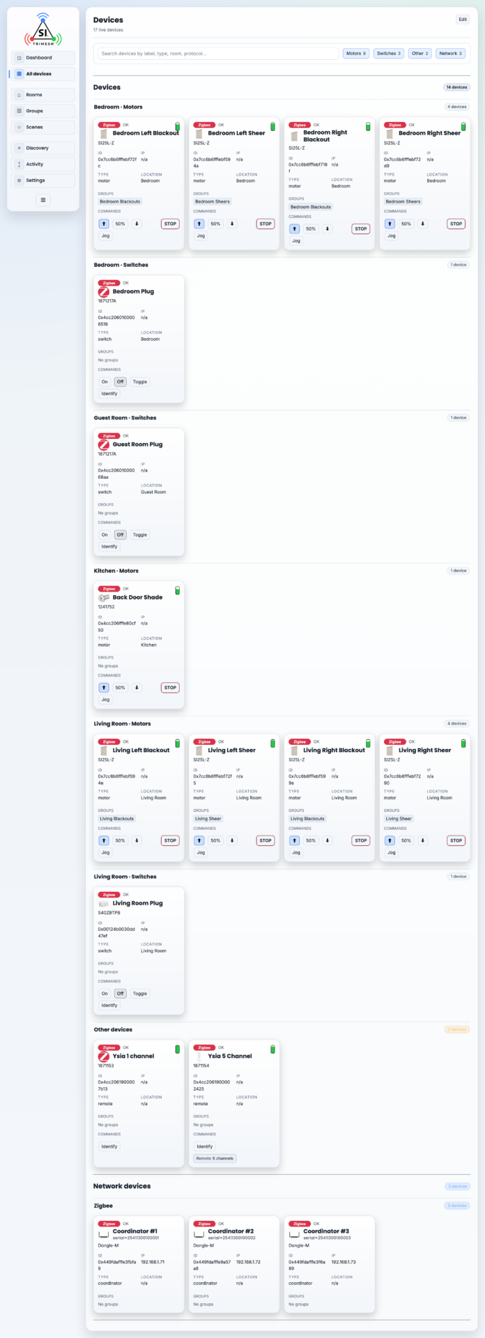 All devices: tiles grouped by room and type, with the search box and the Motors / Switches / Network filters along the top.