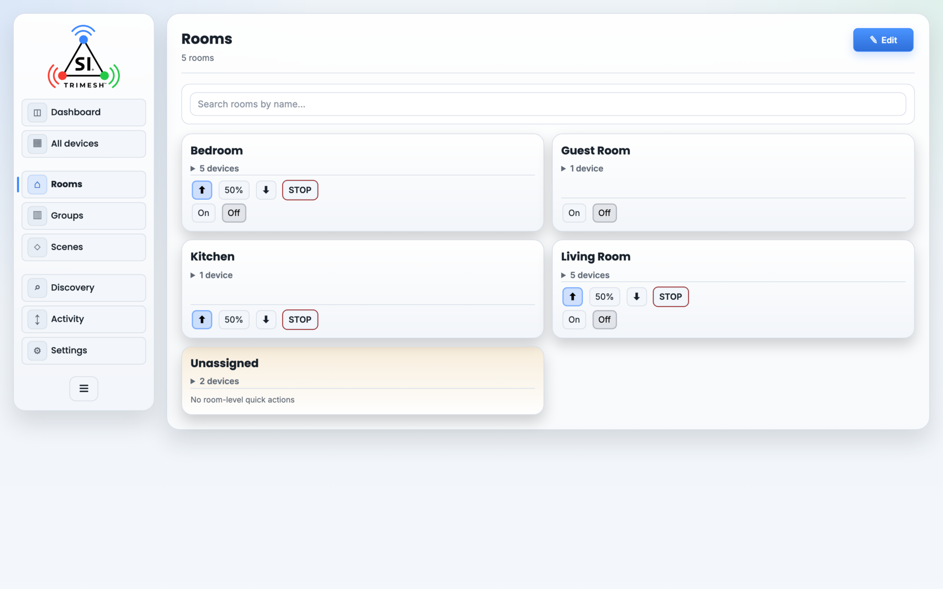The Rooms page. Each room card carries its own quick actions, and the Device/Room picker at the top assigns devices.