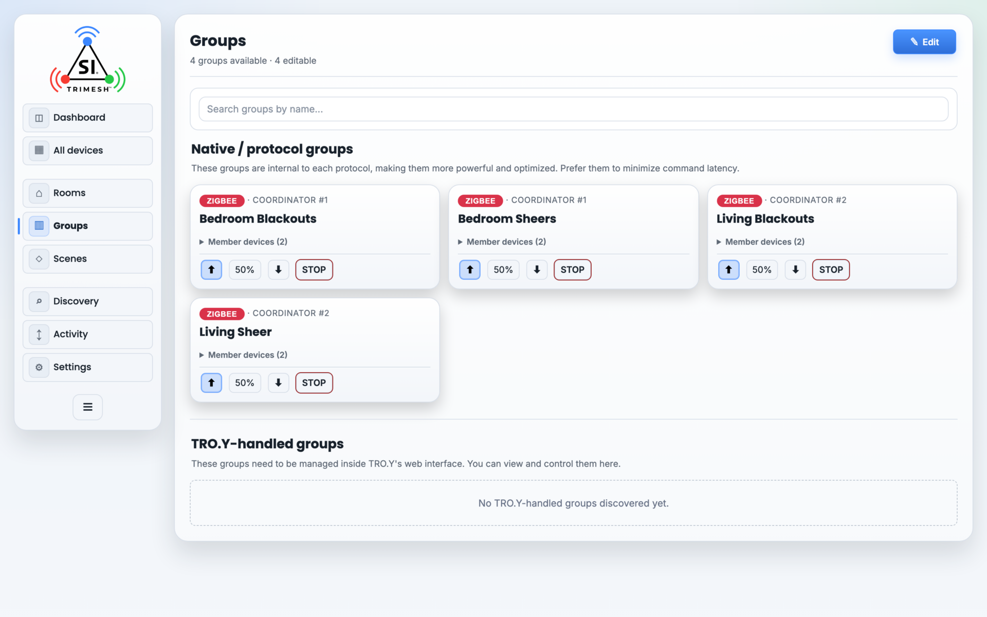 The Groups page, with each group's members and its command buttons.