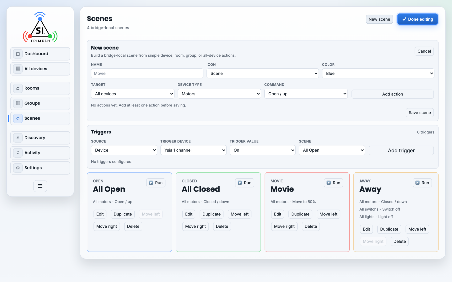 The scene editor: name, icon and colour, the action builder, and the Triggers panel.