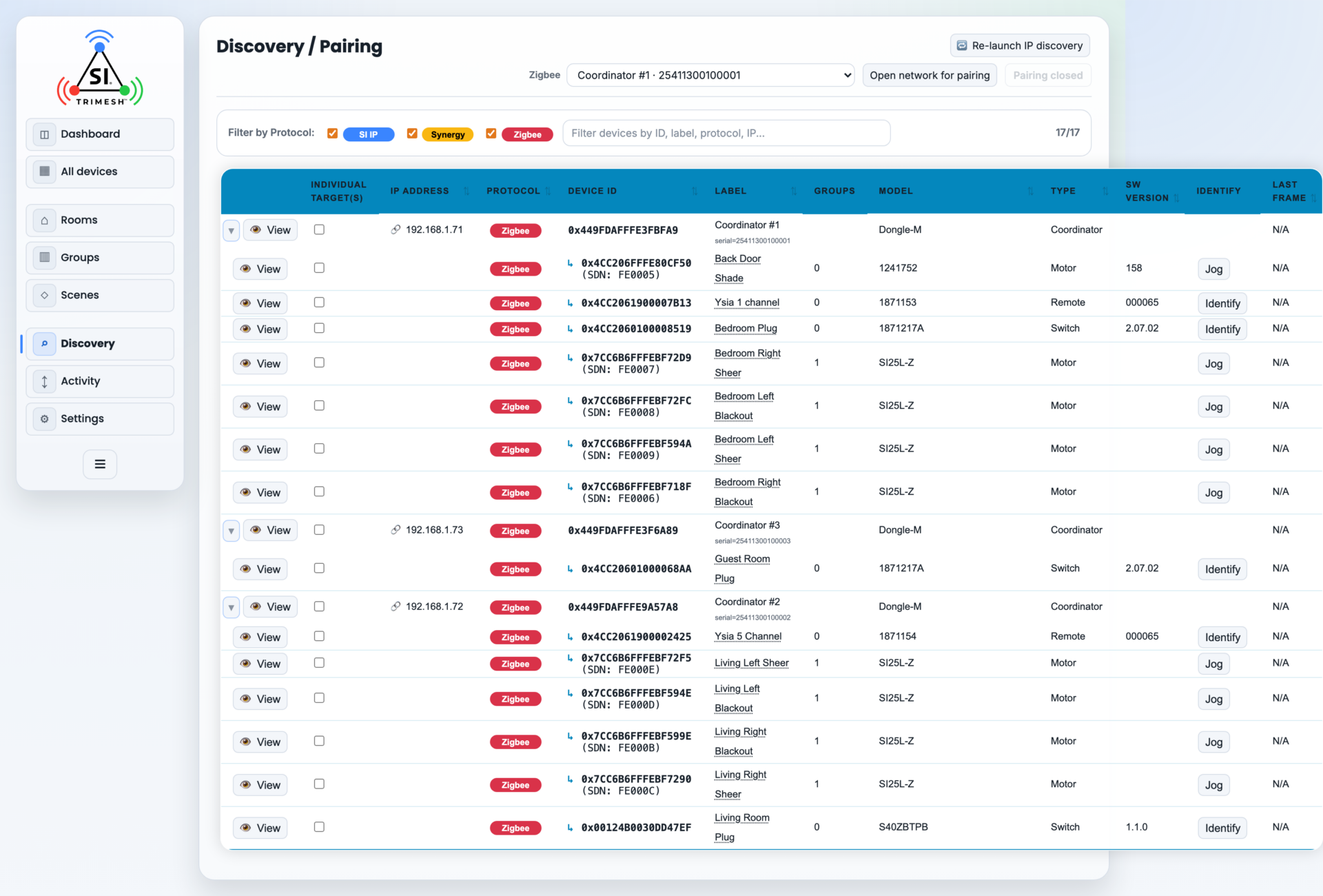 The Discovery table. The protocol filters sit at the top, and the Last frame column shows when each device was last heard from.