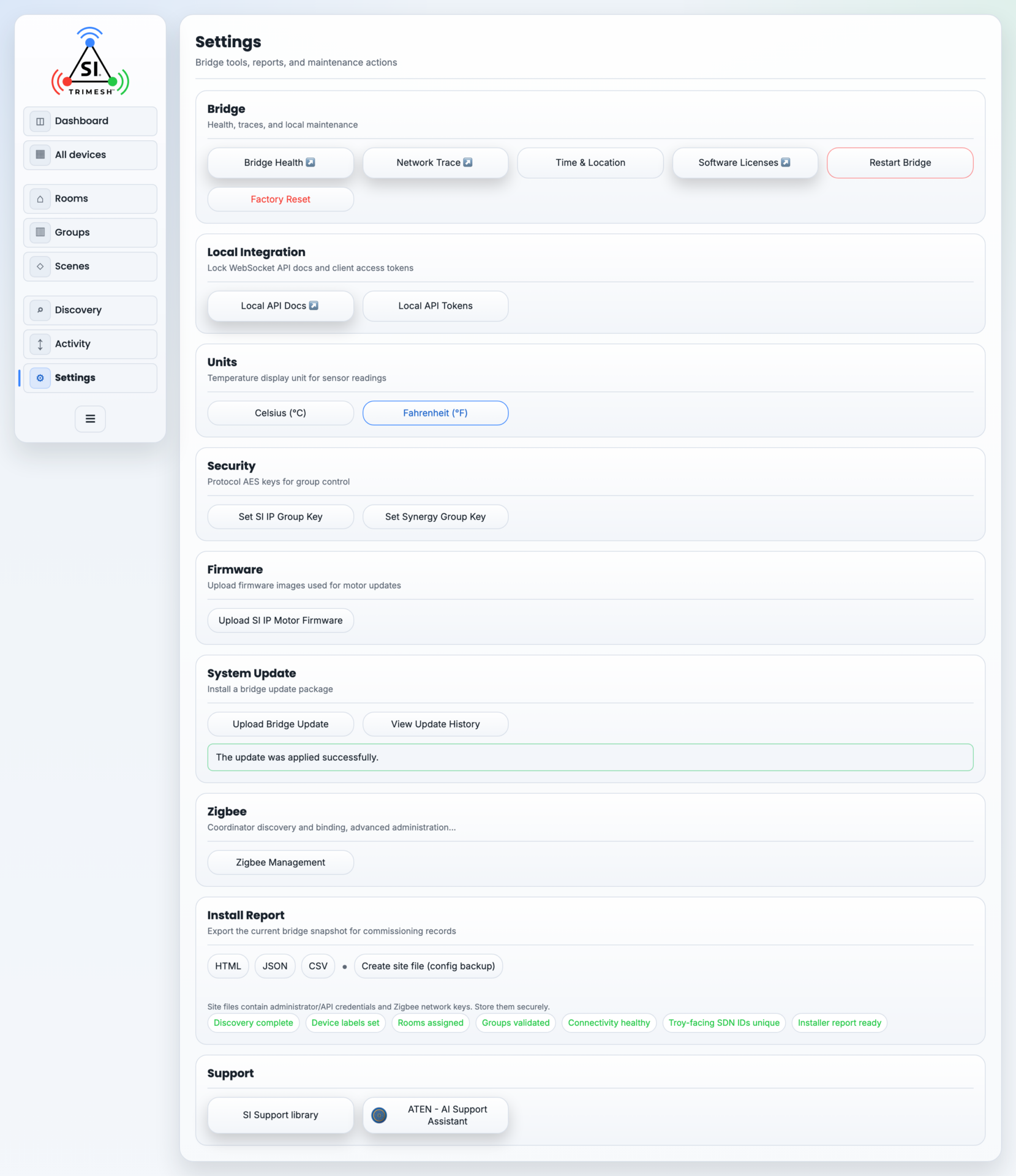 Settings in Advanced view, with every card including Security, Firmware, Zigbee and Install Report, and the installer checklist along the bottom.