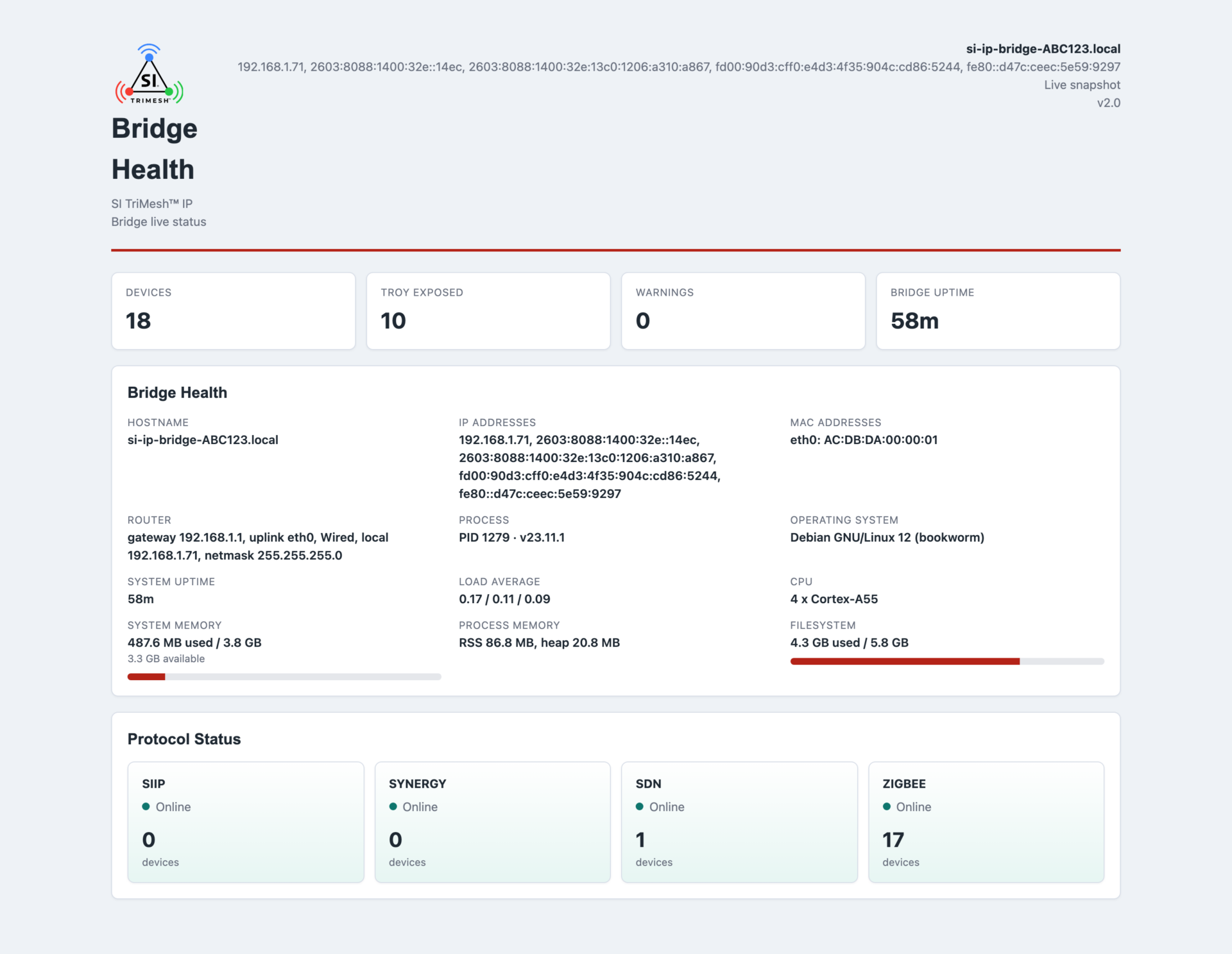 The Bridge Health page: summary tiles and the per-protocol status list.