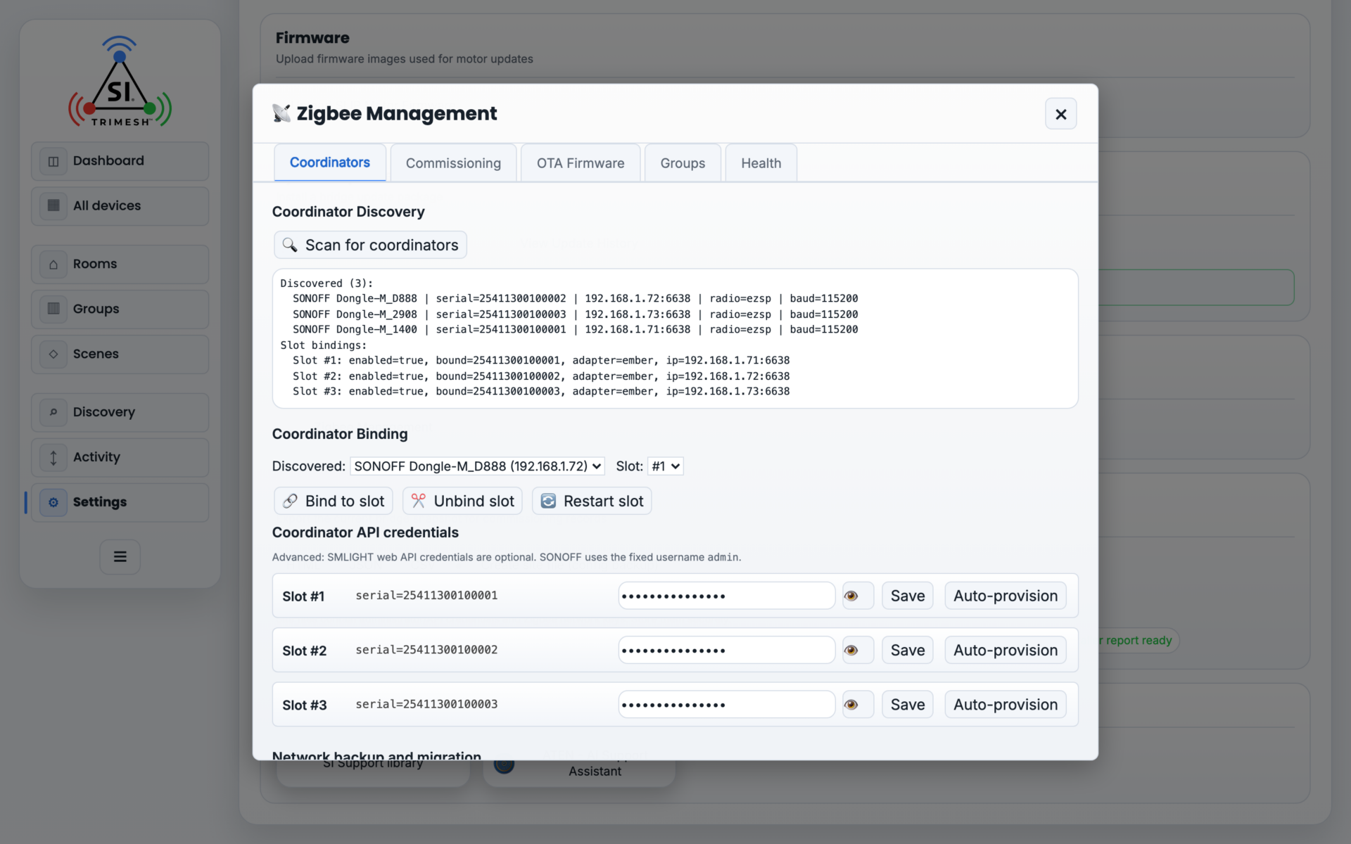 The Coordinators tab, where a coordinator is bound to a slot and its API credentials are stored.