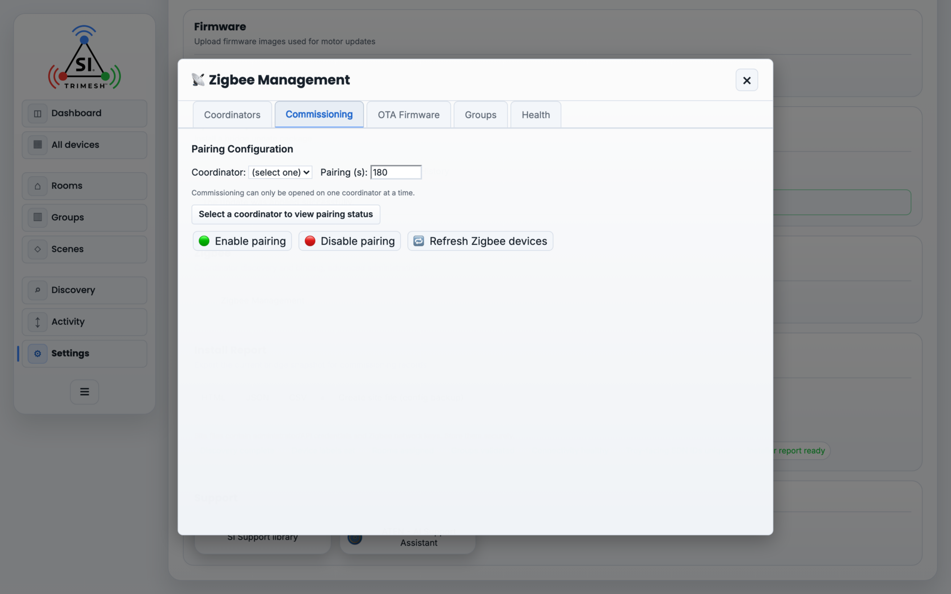 The Commissioning tab: the coordinator selector, the pairing window length, and Enable/Disable pairing.