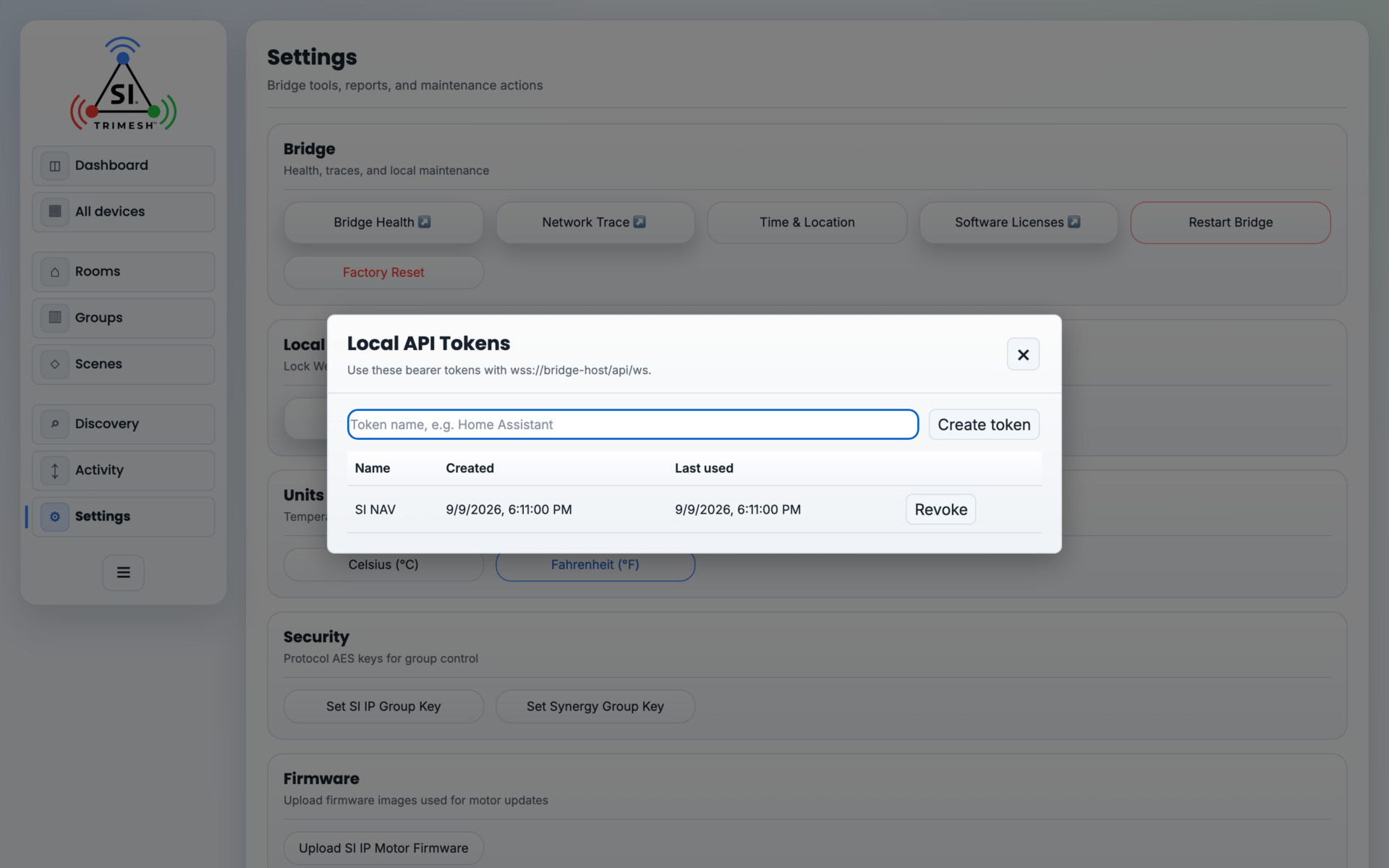 The API token list, showing each token's name and when it was last used.