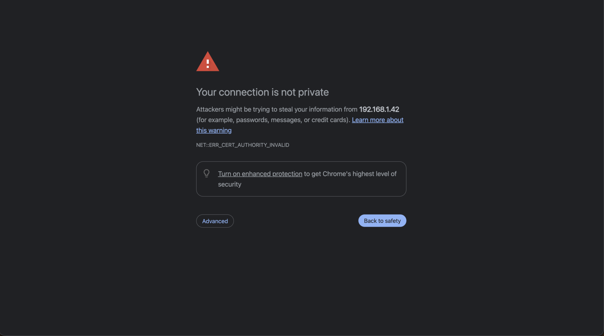 The notice as it first appears (Chrome on macOS) — the Advanced button is bottom left.