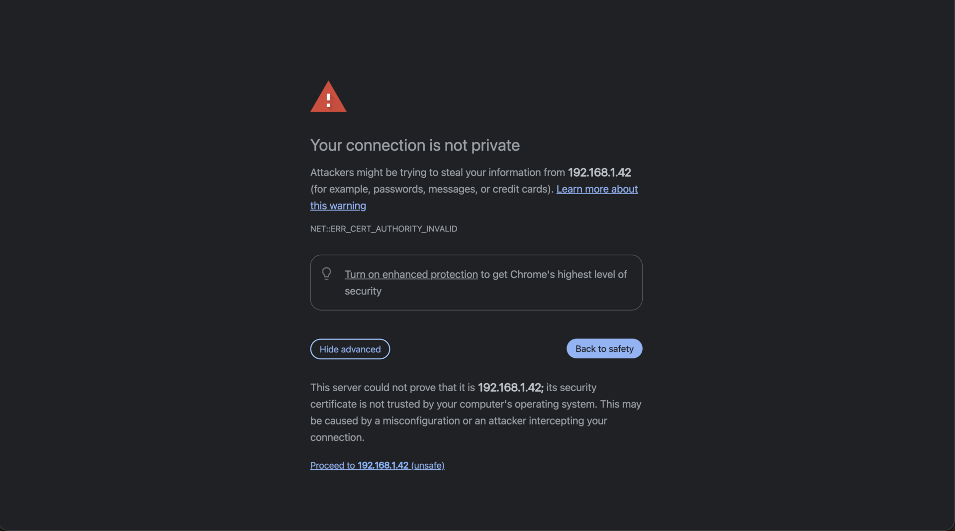 After Advanced, the Proceed to ... (unsafe) link appears at the bottom.