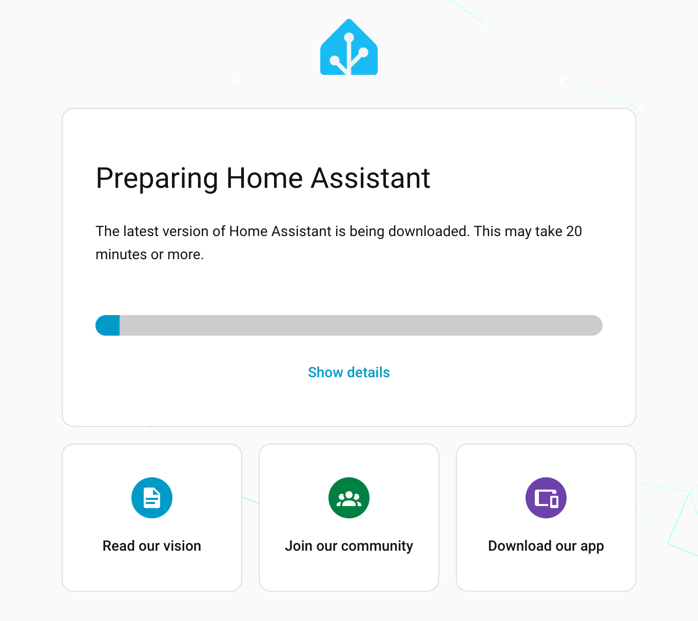 Home Assistant page titled Preparing Home Assistant with a progress bar