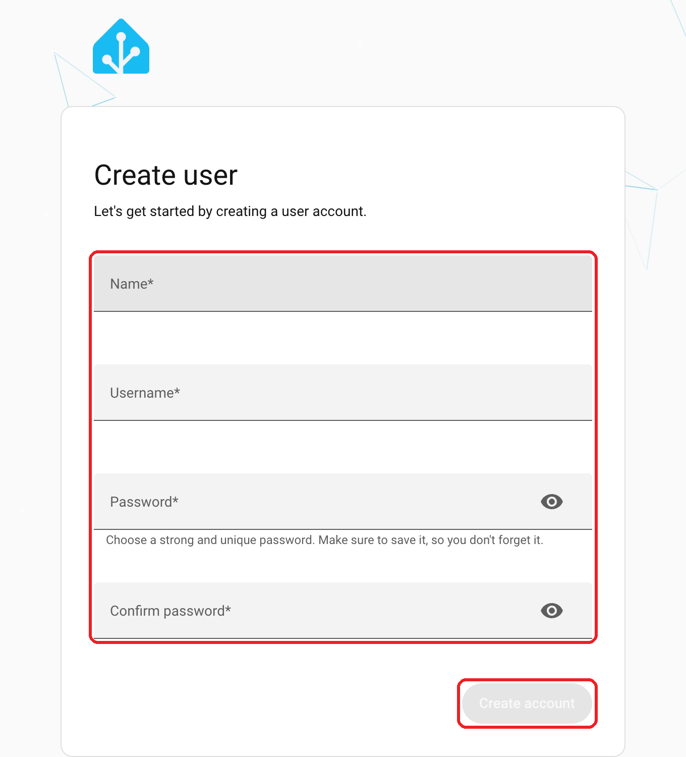 Create user form with the four fields and the Create account button boxed