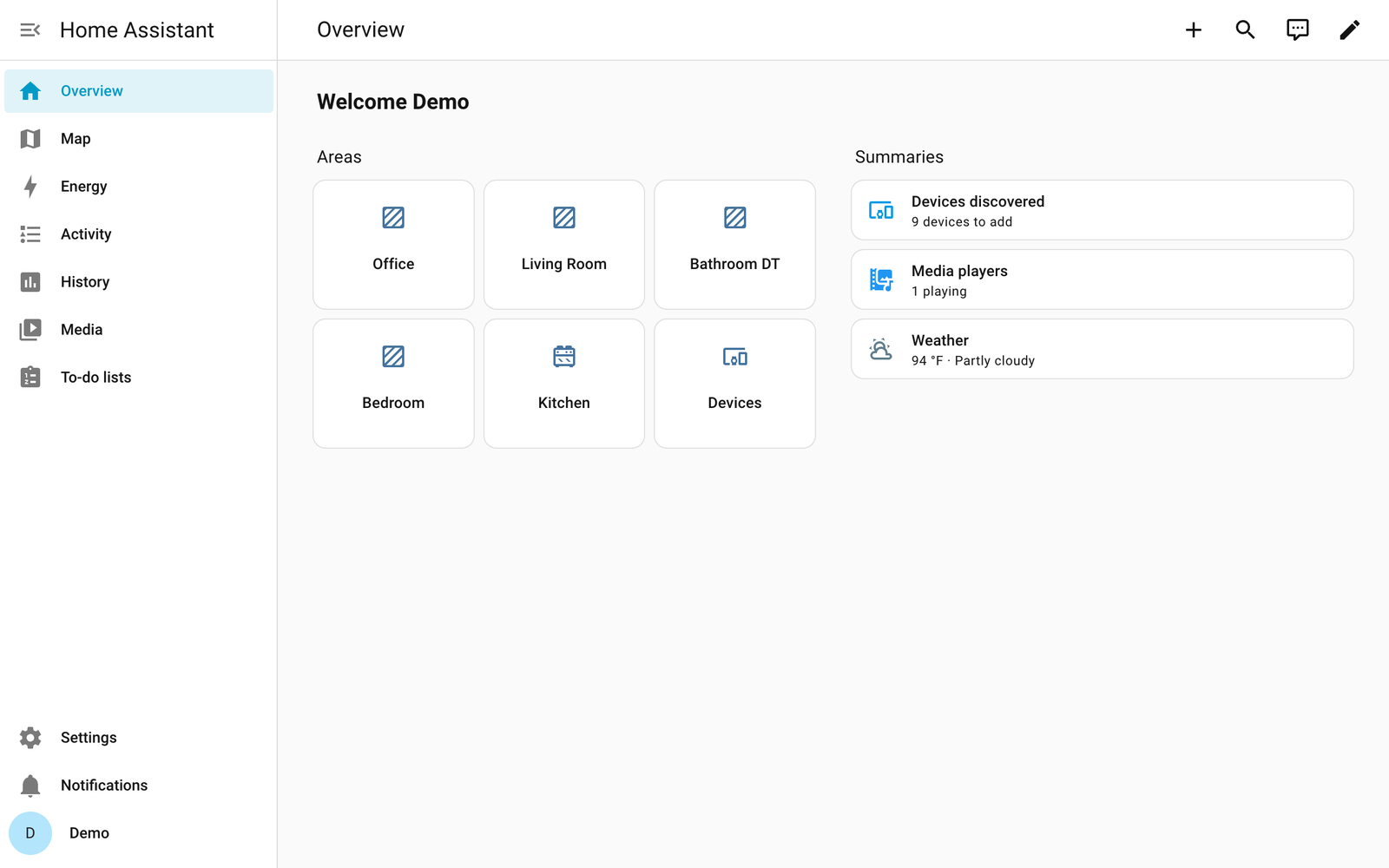 Home Assistant Overview page with a menu down the left side