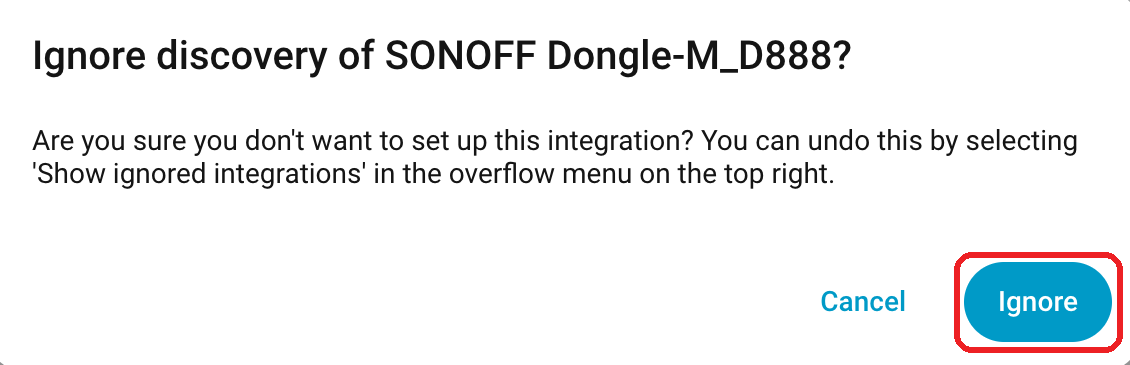 Ignore discovery confirmation box with the Ignore button boxed