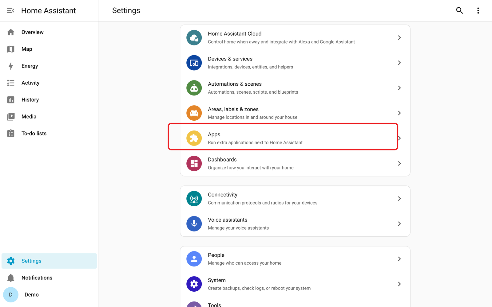 Settings page with the Apps row boxed