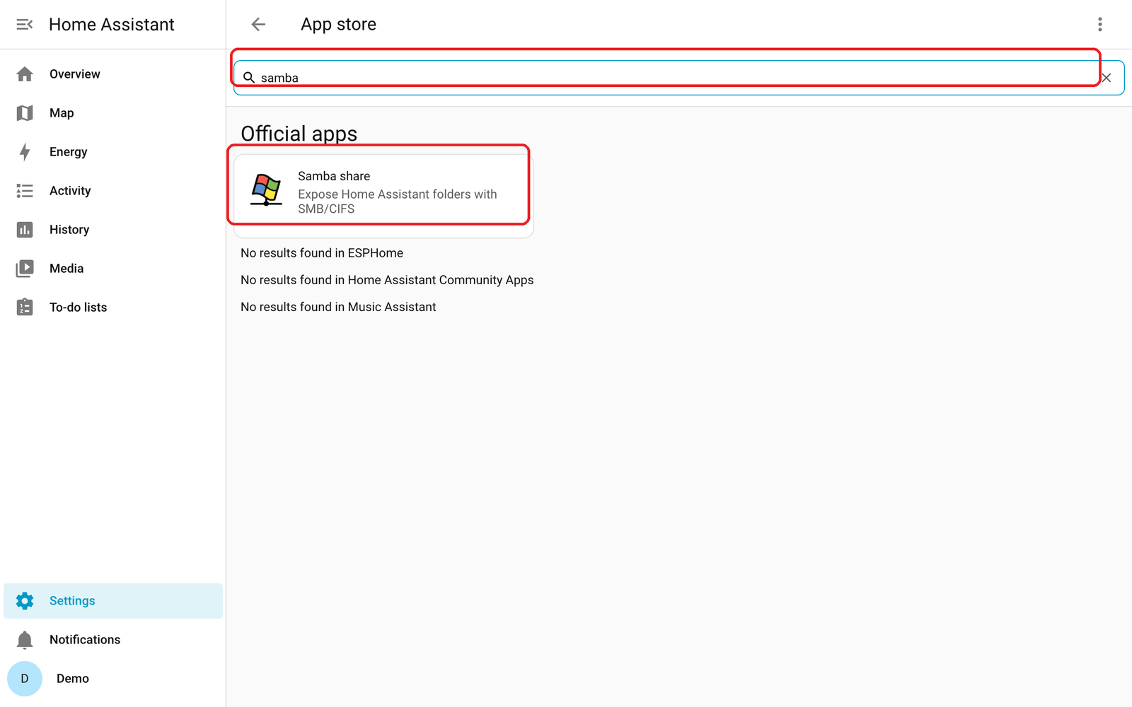 App store search for samba showing the Samba share app