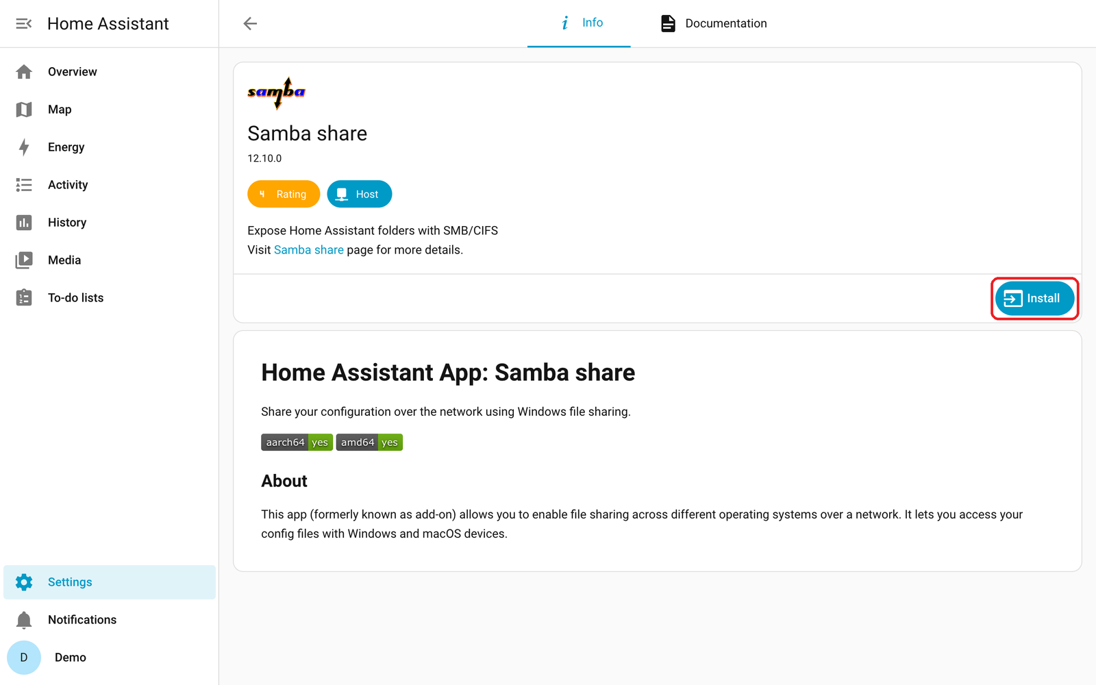 Samba share app page with the Install button boxed