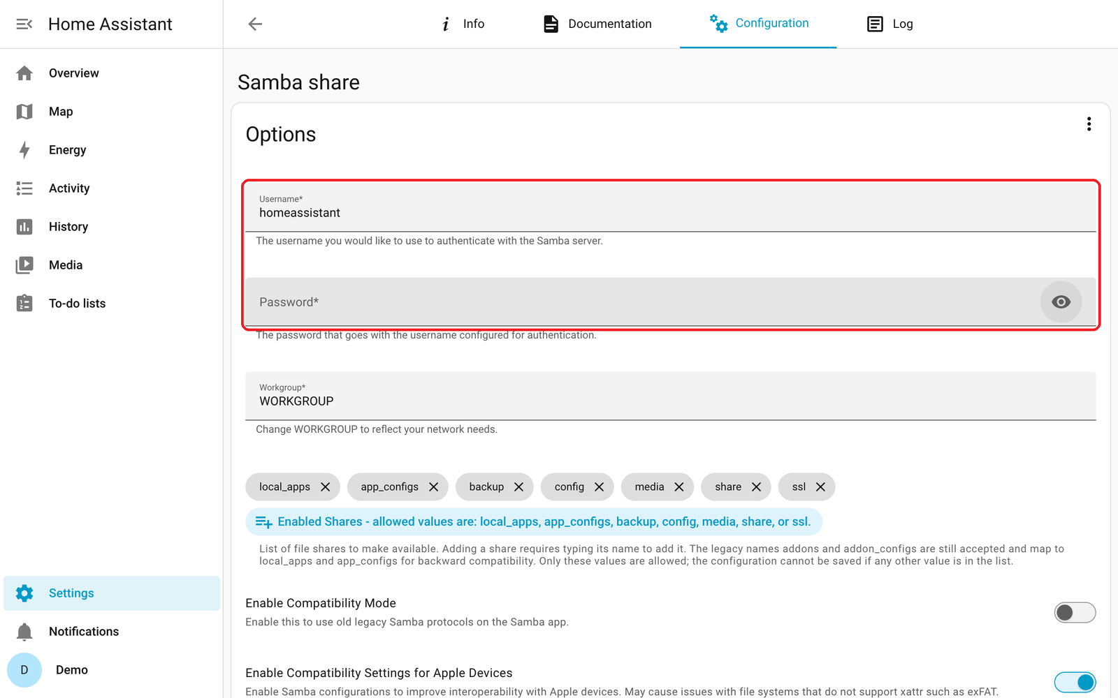 Samba share Configuration tab with Username and Password boxed
