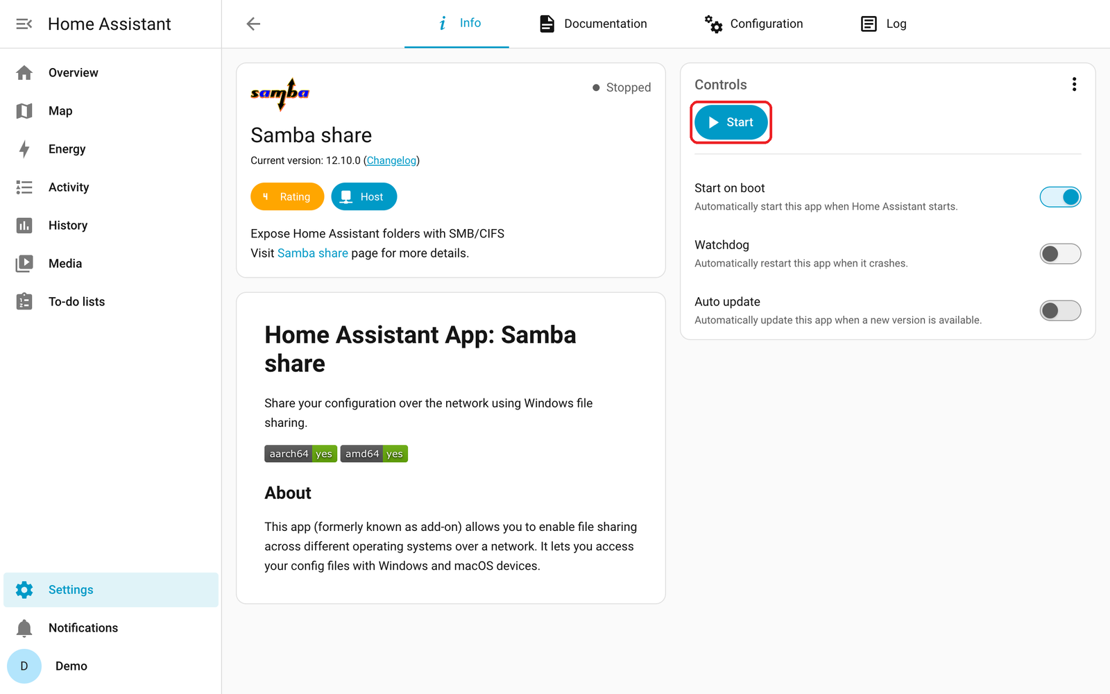Samba share Info tab with the Start button boxed