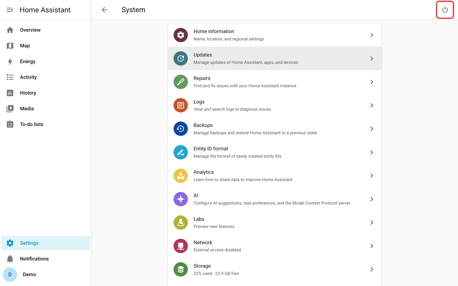 System page with the power button at the top right boxed