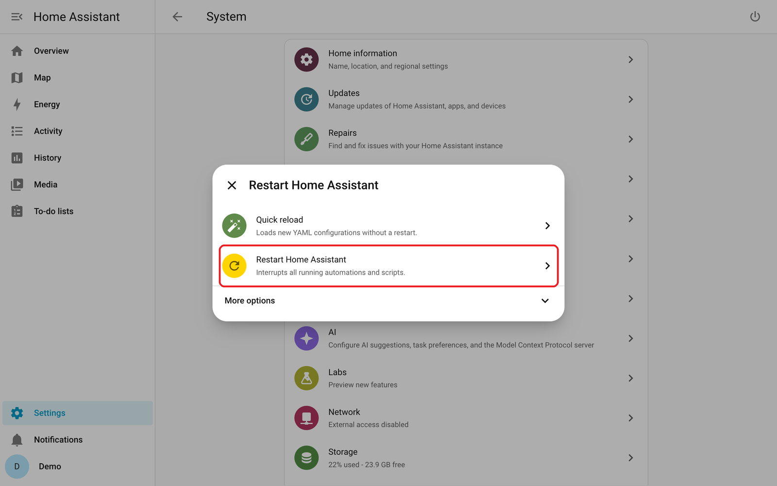 Restart menu with Restart Home Assistant boxed below Quick reload