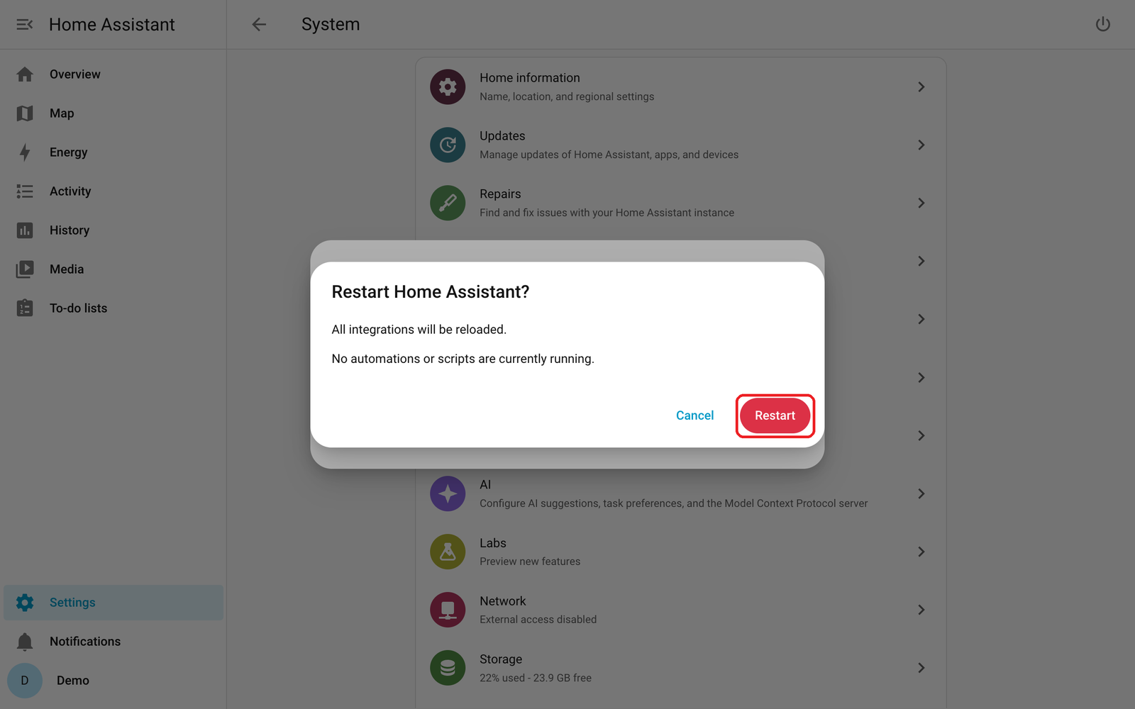 Restart Home Assistant confirmation with the Restart button boxed