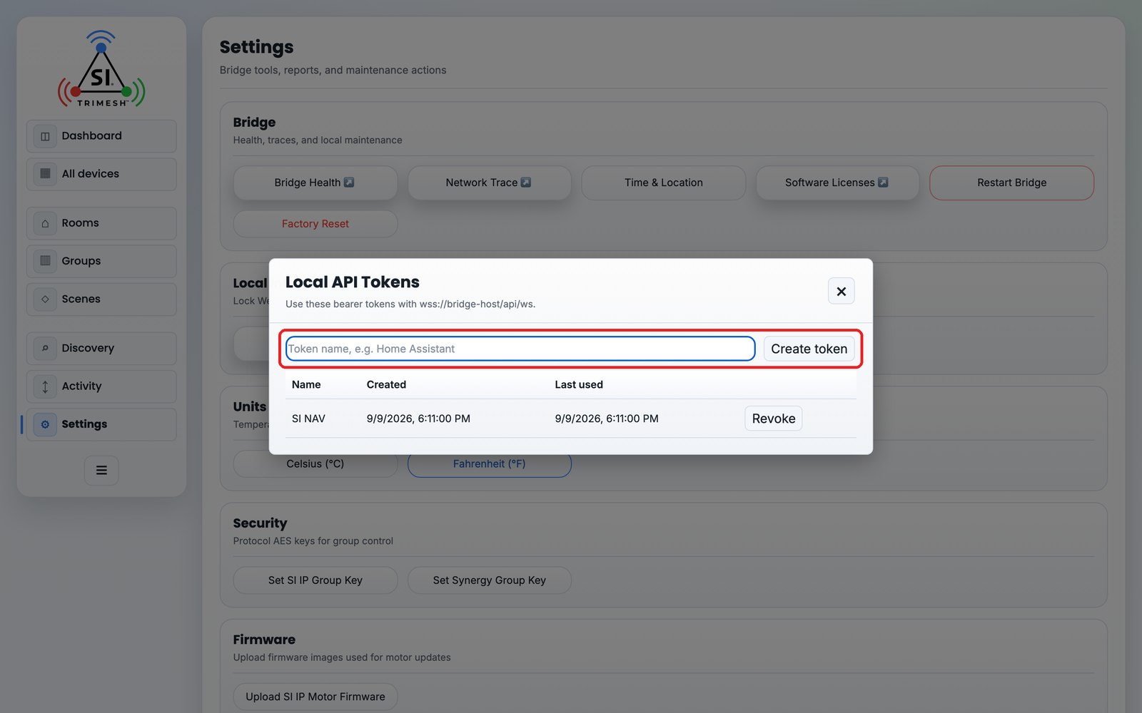 Bridge Local API Tokens panel with the name box and Create token button boxed