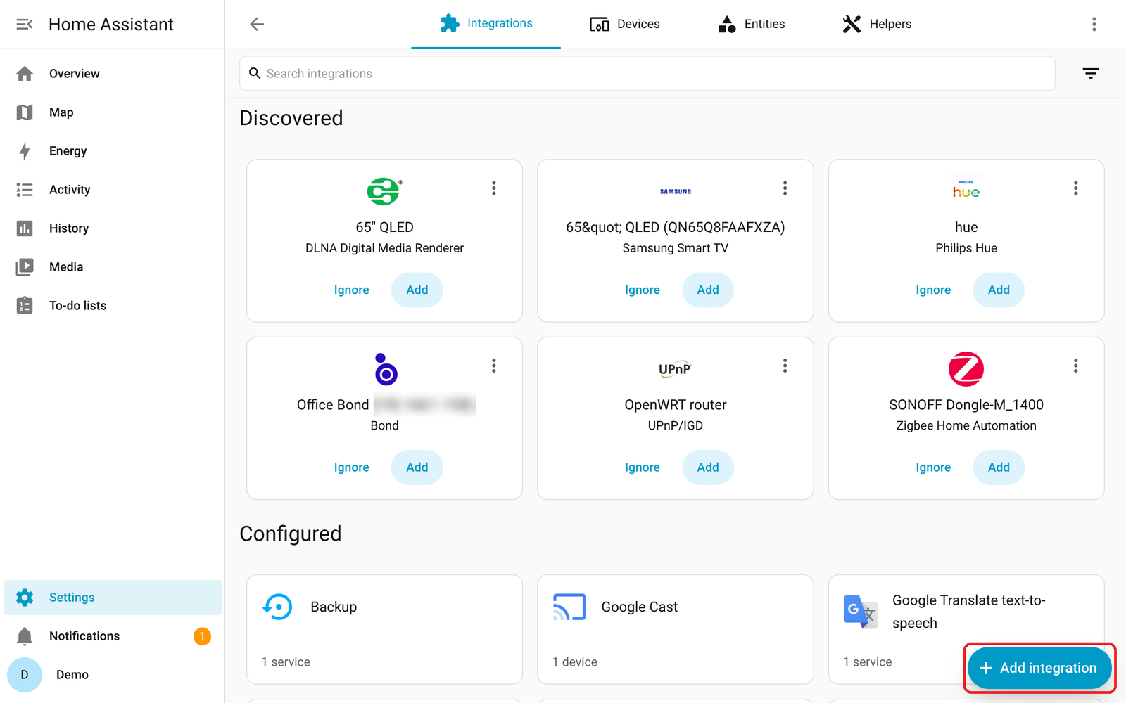 Devices and services page with the Add integration button boxed