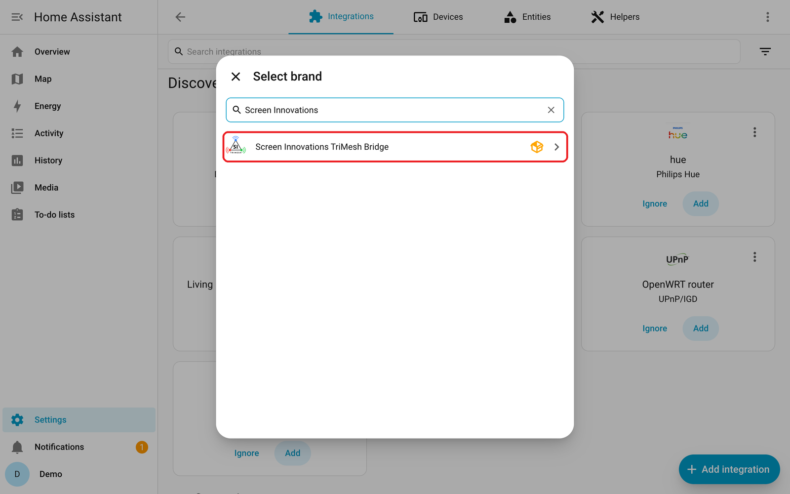 Select brand search showing Screen Innovations TriMesh Bridge with the TriMesh logo
