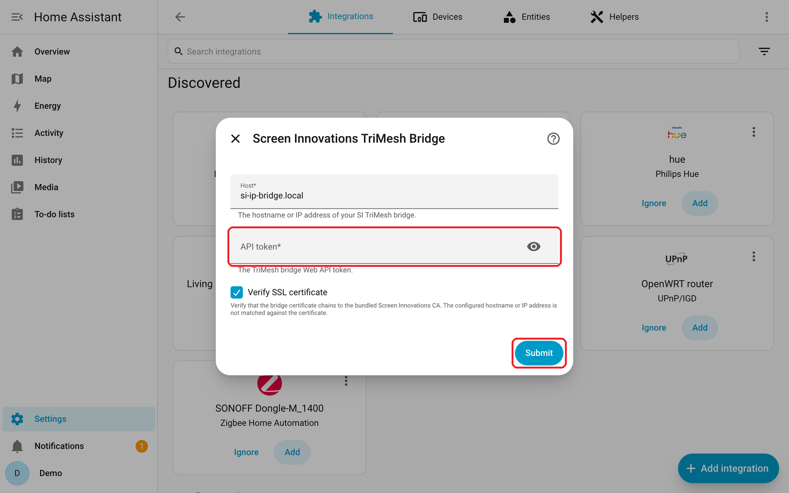 TriMesh setup form with the API token box and Submit button boxed