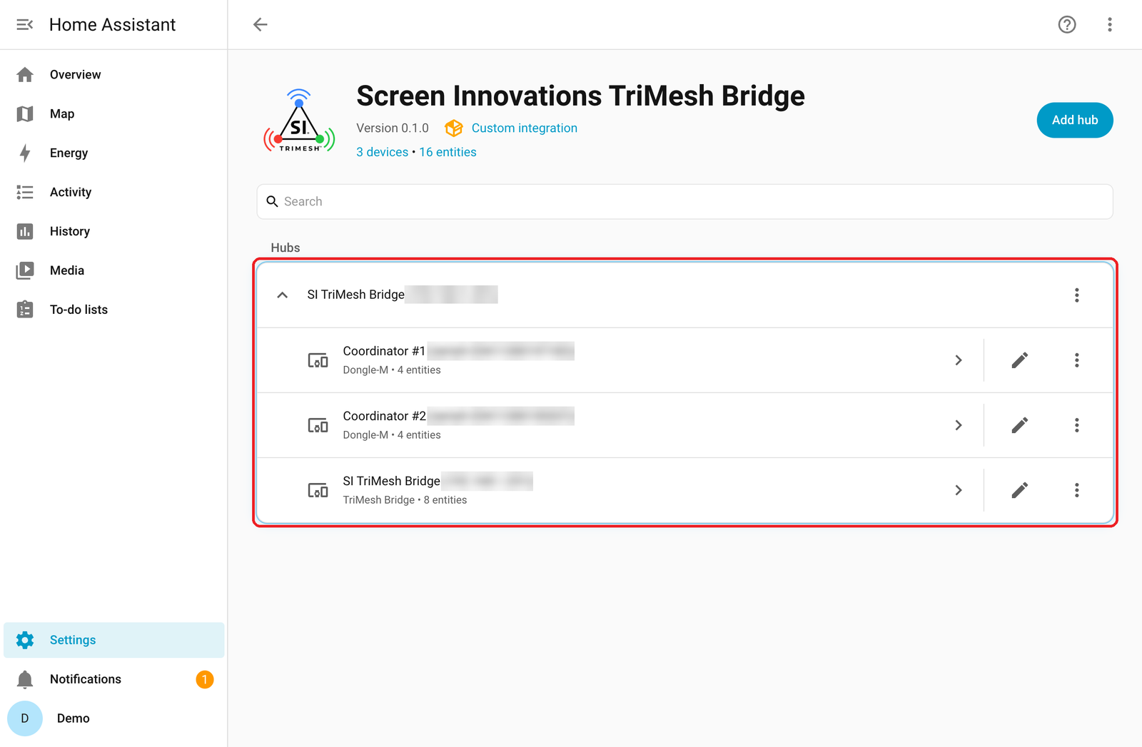 Screen Innovations TriMesh Bridge page listing the bridge and its two coordinators