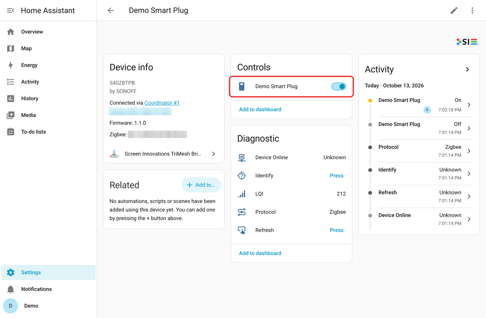 A smart plug's page in Home Assistant with its on/off switch boxed and turned on